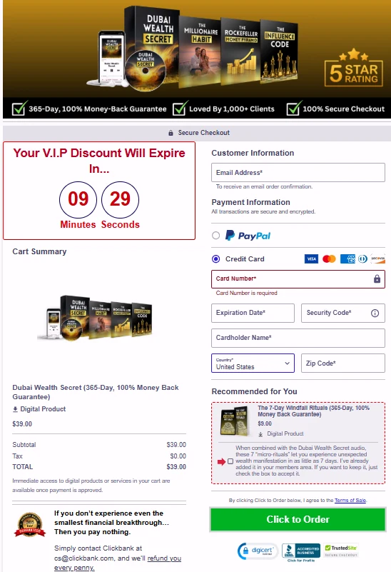 Dubai Wealth Secret secure checkout page